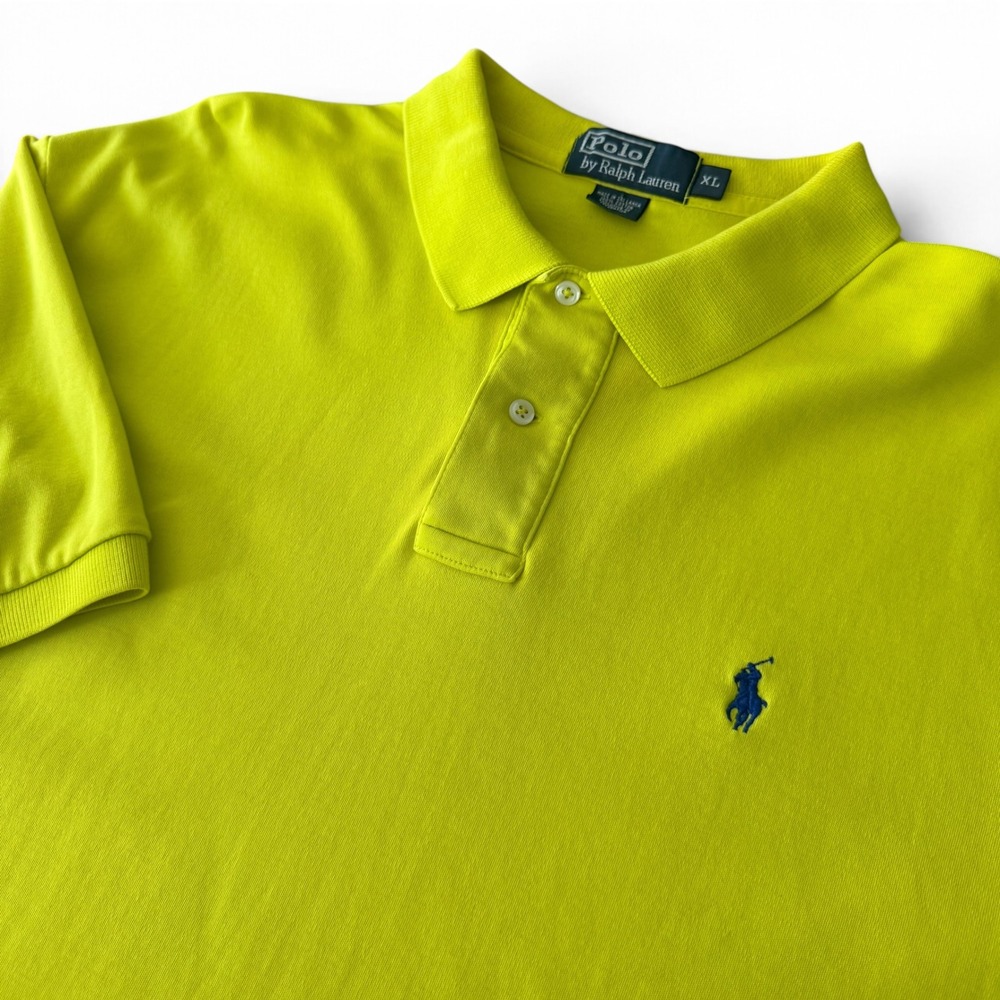 Ralph Lauren Polo Shirt Men XL Neon Yellow Cotton Pique Blue Pony Short Sleeve